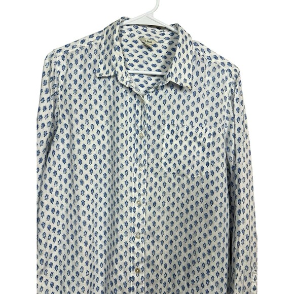 LL Bean Button Up Shirt Womens Medium White Blue Flowers Long Sleeve 100% Linen - Picture 3 of 16